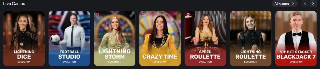 Winum live casino tables: Crazy Time, Lightning Roulette, Speed Roulette and VIP Blackjack by Evolution