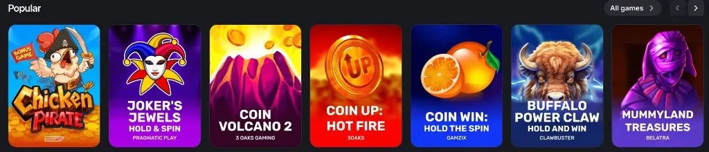 Popular games at Winum: Joker's Jewels, Coin Volcano 2, Buffalo Power Claw and other hold-and-win slots
