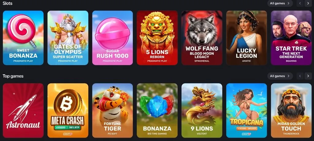 Winum slots lobby with Gates of Olympus, Sugar Rush 1000, Fortune Tiger and other top games